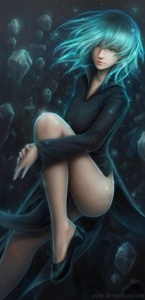Anime picture 800x1649 with one-punch man madhouse tatsumaki jxbp single tall image fringe short hair light erotic hair between eyes signed looking away bent knee (knees) aqua eyes realistic aqua hair bare legs lipstick floating hair looking down