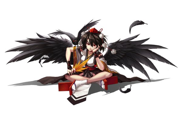 Anime picture 3543x2238 with touhou shameimaru aya shinebell single looking at viewer highres short hair black hair simple background red eyes white background sitting absurdres traditional clothes japanese clothes black wings kourindou tengu costume girl animal wings
