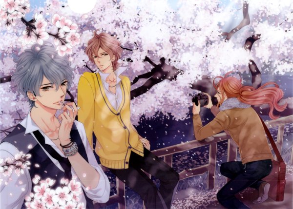 Anime picture 4828x3453 with brothers conflict idea factory asahina futo asahina iori asahina hikaru udajo long hair looking at viewer highres short hair brown hair purple eyes brown eyes looking away absurdres ahoge ponytail profile grey hair scan