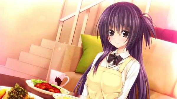 Anime picture 1280x720 with pretty x cation hibiki works nozomi asagiri single long hair looking at viewer blush black hair smile wide image brown eyes game cg girl food apron couch