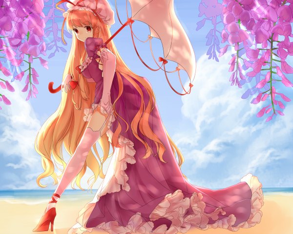 Anime picture 2421x1930 with touhou yakumo yukari kyuri tizu single highres light erotic blonde hair red eyes sky cloud (clouds) very long hair looking back sunlight high heels sunbeam girl thighhighs dress gloves flower (flowers)