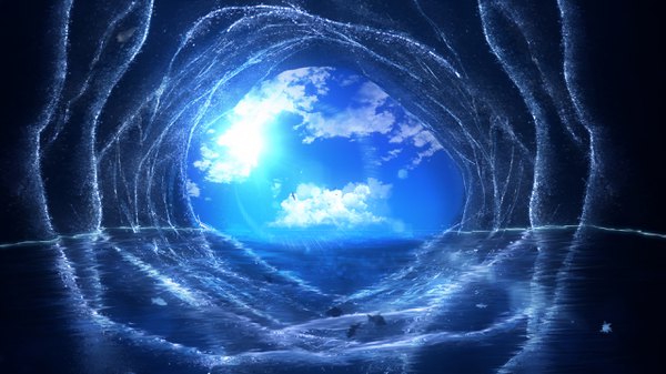 Anime picture 2560x1440 with original y y (ysk ygc) highres wide image sky cloud (clouds) wallpaper lens flare no people animal water bird (birds) fish (fishes) sun cave