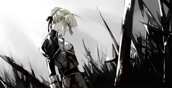 Anime picture 1200x619 with fate (series) fate/stay night artoria pendragon (all) saber zmore single fringe short hair blue eyes blonde hair wide image payot upper body ahoge profile looking down girl weapon sword armor