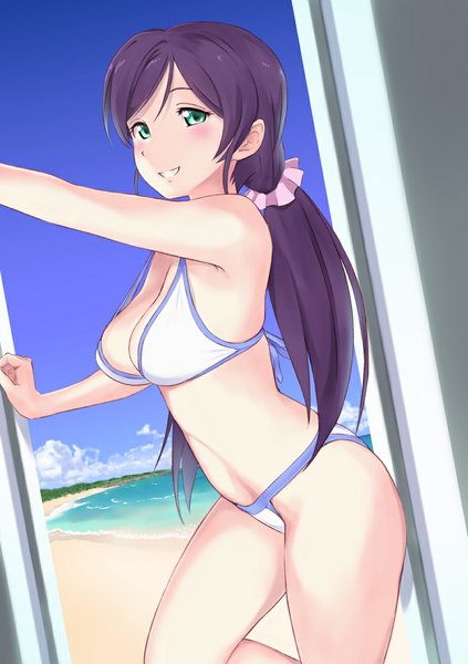 Anime picture 816x1158 with love live! school idol project sunrise (studio) love live! toujou nozomi wa (genryusui) single long hair tall image looking at viewer light erotic smile bare shoulders green eyes sky purple hair cloud (clouds) ponytail sunlight bare belly bare legs