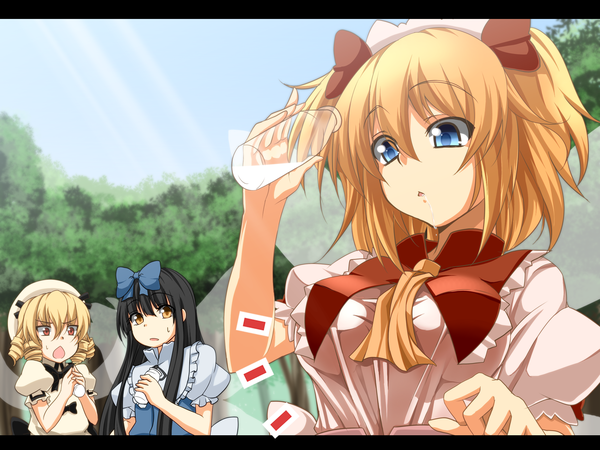 Anime picture 2280x1710 with touhou star sapphire luna child sunny milk kamo (yokaze) long hair highres blue eyes black hair blonde hair multiple girls yellow eyes two side up girl bow hair bow 3 girls bottle