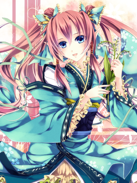 Anime picture 1200x1600 with original mochizuki shiina long hair tall image looking at viewer open mouth blue eyes twintails pink hair traditional clothes pointy ears girl dress flower (flowers) frills