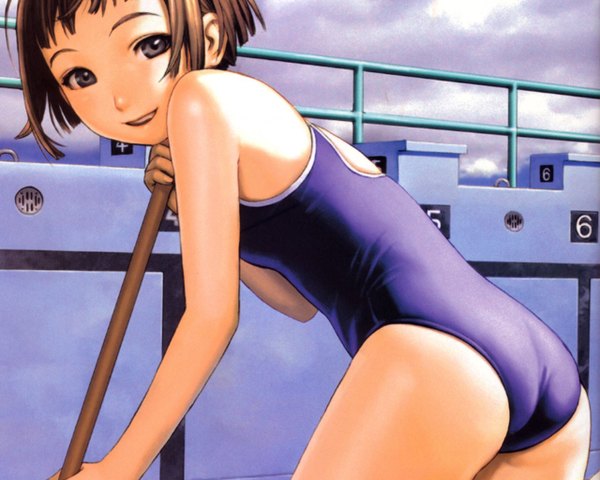 Anime picture 1280x1024 with robot (manga) range murata single looking at viewer short hair light erotic smile brown hair looking back grey eyes cropped girl swimsuit one-piece swimsuit school swimsuit