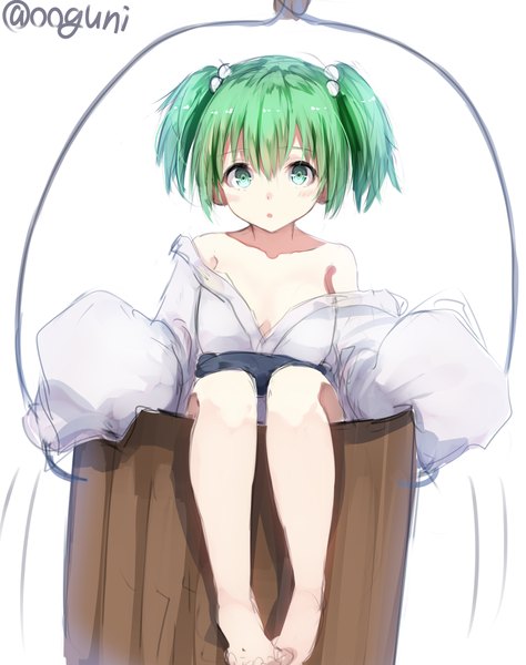 Anime picture 857x1085 with touhou kisume wowoguni single tall image looking at viewer blush fringe short hair light erotic simple background white background sitting twintails bare shoulders green eyes signed long sleeves traditional clothes japanese clothes