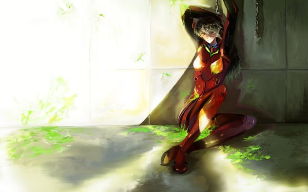 Anime picture 1286x804 with neon genesis evangelion rebuild of evangelion evangelion: 2.0 you can (not) advance gainax soryu asuka langley nako (nonrain) single long hair fringe blue eyes black hair wide image girl chain wall pilot suit