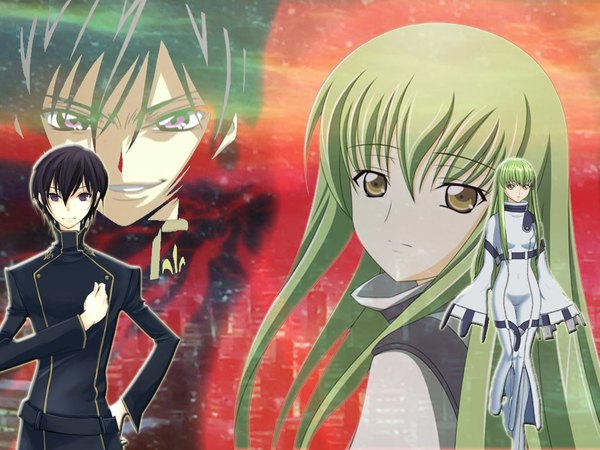 Anime picture 1024x768 with code geass sunrise (studio) c.c. lelouch lamperouge long hair looking at viewer fringe short hair standing purple eyes parted lips green hair red background girl boy uniform school uniform