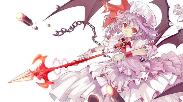 Anime picture 1500x843 with touhou remilia scarlet ryuuri susuki (artist) single short hair open mouth simple background red eyes wide image white background purple hair pointy ears girl dress weapon wings chain bonnet spear spear the gungnir