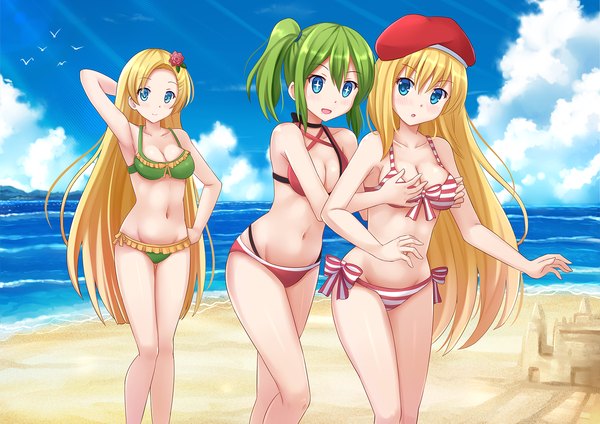 Anime picture 1697x1200 with original kazenokaze long hair breasts open mouth blue eyes light erotic blonde hair multiple girls sky cloud (clouds) green hair beach side ponytail breast grab girl navel swimsuit bikini 3 girls