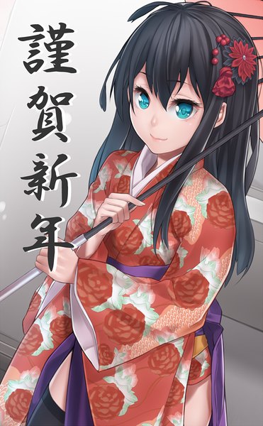 Anime picture 619x1000 with original ray-akila single long hair tall image blue eyes black hair smile traditional clothes japanese clothes girl thighhighs hair ornament black thighhighs kimono umbrella obi