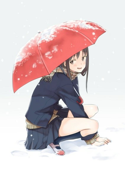 Anime picture 677x960 with original takeuchi aya single long hair tall image blush fringe open mouth brown hair brown eyes looking away pleated skirt looking back snowing snow squat footprints girl skirt miniskirt