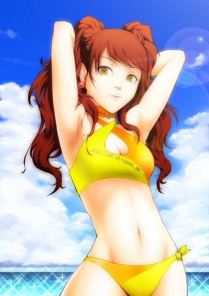 Anime picture 800x1133 with persona 4 persona kujikawa rise waiz009 long hair tall image looking at viewer light erotic brown hair yellow eyes sky cloud (clouds) girl navel swimsuit