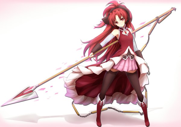Anime picture 1169x826 with mahou shoujo madoka magica shaft (studio) sakura kyouko jampen single long hair looking at viewer simple background red eyes white background ponytail red hair girl thighhighs dress skirt bow weapon black thighhighs hair bow
