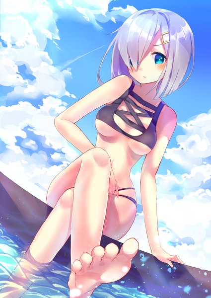 Anime picture 2508x3541 with kantai collection hamakaze destroyer hoshino yurara single tall image looking at viewer blush fringe highres short hair breasts light erotic sitting bare shoulders sky silver hair cloud (clouds) barefoot aqua eyes hair over one eye