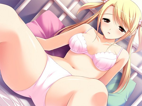 Anime picture 1024x768 with hoshiuta houjyou arisa fumio (ura fmo) light erotic blonde hair red eyes twintails game cg underwear only girl underwear panties bed