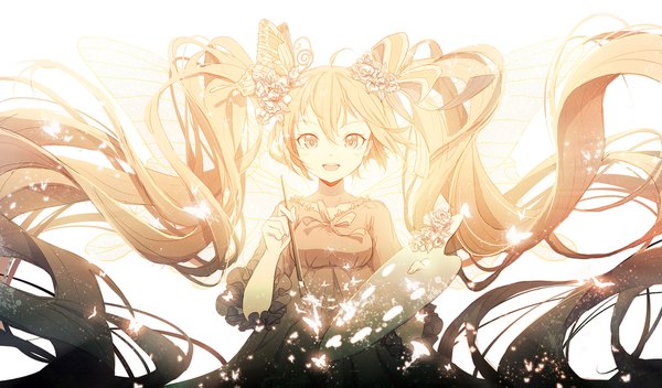 Anime picture 1700x999 with vocaloid hatsune miku lengchan (fu626878068) single looking at viewer blush fringe open mouth blonde hair smile hair between eyes wide image twintails holding yellow eyes ahoge very long hair hair flower sunlight floating hair