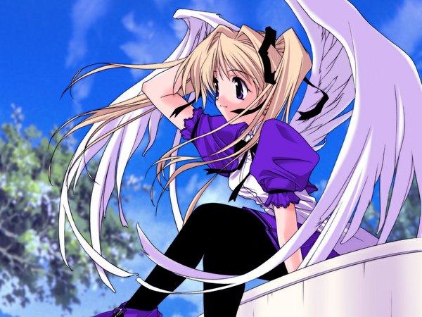 Anime picture 1024x768 with happy lesson shitenno uzuki single blonde hair purple eyes twintails wind wallpaper pantyhose wings