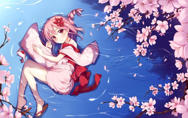 Anime picture 1920x1200 with sergestid shrimp in tungkang xuan ying yaguo single looking at viewer blush highres short hair red eyes pink hair traditional clothes japanese clothes girl flower (flowers) animal petals water kimono fish (fishes)
