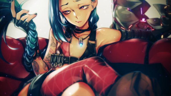 Anime picture 2560x1440 with league of legends jinx (league of legends) iwai ryo single long hair highres breasts red eyes wide image sitting braid (braids) tattoo twin braids crossed legs flat chest girl thighhighs gloves fingerless gloves pendant