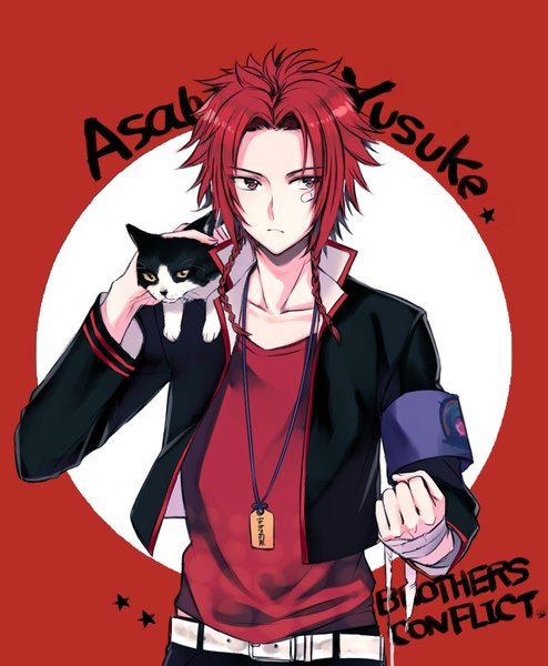 Anime picture 1384x1680 with brothers conflict idea factory asahina yusuke takeuchi aya single tall image short hair red eyes looking away red hair braid (braids) character names twin braids red background bandaid on face boy uniform school uniform animal cat