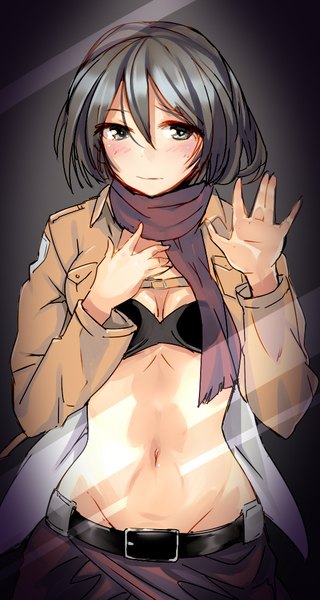 Anime picture 547x1024 with shingeki no kyojin production i.g mikasa ackerman clare (543) single tall image looking at viewer blush short hair light erotic black hair hair between eyes black eyes open jacket bare belly midriff open shirt embarrassed outstretched arm groin