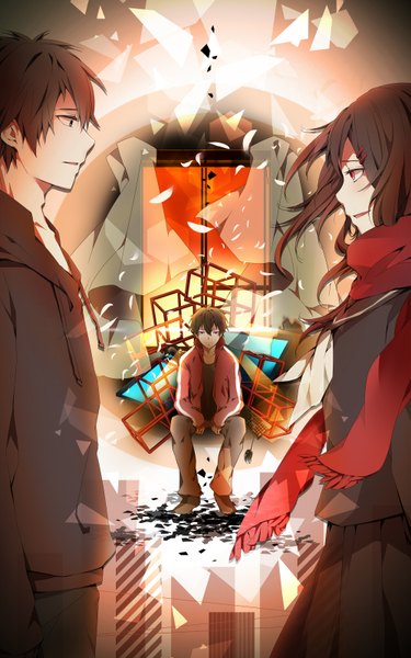 Anime picture 1000x1600 with kagerou project shaft (studio) tateyama ayano kisaragi shintarou tagme (artist) long hair tall image blush short hair open mouth black hair smile red eyes sitting multiple boys face to face girl boy uniform hair ornament