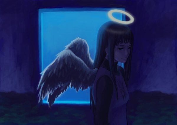 Anime picture 2093x1480 with haibane renmei reki (haibane) kuroutadori single long hair highres black hair girl wings halo