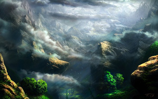 Anime picture 1680x1050 with original fel-x (artist) signed cloud (clouds) wallpaper mountain no people landscape scenic nature rock plant (plants) animal tree (trees) bird (birds) grass