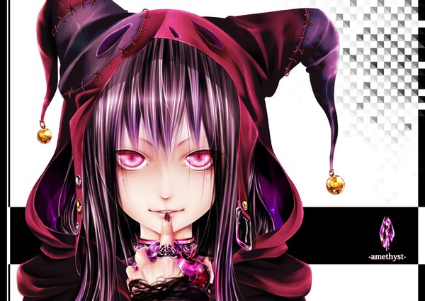 Anime picture 4092x2893 with original bouno satoshi single long hair looking at viewer highres absurdres purple hair nail polish pink eyes close-up black nail polish nail art girl hood bell ring