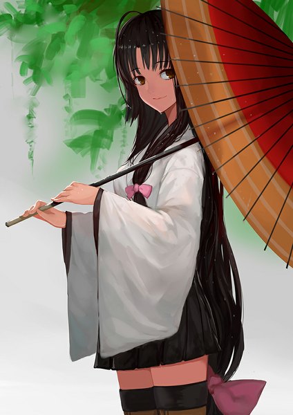 Anime picture 800x1131 with kantai collection shouhou light aircraft carrier charimei single tall image looking at viewer fringe black hair smile brown eyes very long hair girl bow hair bow umbrella oriental umbrella