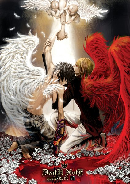 Anime picture 800x1132 with death note madhouse yagami light l (death note) hoelex (artist) tall image short hair black hair blonde hair red eyes eyes closed profile barefoot multiple boys hug kneeling back holding hands light angel wings