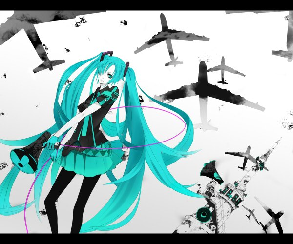 Anime picture 1200x1000 with vocaloid koi wa sensou (vocaloid) hatsune miku mins (minevi) single long hair fringe twintails green eyes very long hair green hair hair over one eye girl gloves pantyhose necktie wire (wires) aircraft airplane megaphone