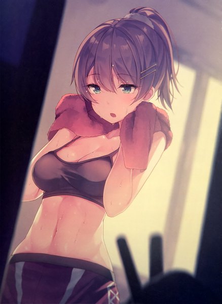 Anime picture 2894x3964 with original siva (executor) single tall image fringe highres short hair open mouth blue eyes light erotic hair between eyes brown hair standing looking away upper body ponytail indoors bare belly :o midriff