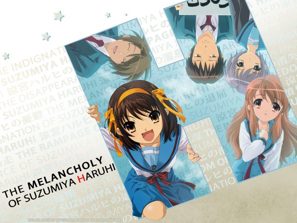 Anime picture 1400x1050 with suzumiya haruhi no yuutsu kyoto animation suzumiya haruhi nagato yuki asahina mikuru kyon koizumi itsuki ningen (nattoli) ikeda shouko long hair looking at viewer short hair open mouth smile brown hair multiple girls signed long sleeves grey hair multiple boys