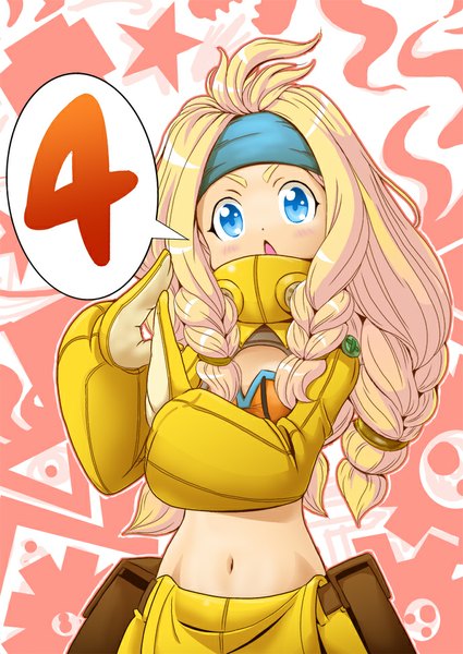 Anime picture 689x972 with monster hunter mana12 single long hair tall image blush open mouth blue eyes blonde hair bare belly midriff girl gloves navel speech bubble