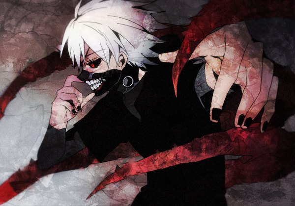 Anime picture 1000x700 with tokyo ghoul studio pierrot kaneki ken newo (shinra-p) single fringe short hair white hair nail polish profile outstretched arm black sclera boy mask zipper kagune