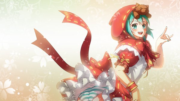 Anime picture 1920x1080 with little red riding hood project diva project diva 2nd vocaloid hatsune miku bobomaster single looking at viewer blush highres short hair open mouth light erotic wide image aqua eyes aqua hair pantyshot wallpaper fox shadow puppet mikuzukin (module)