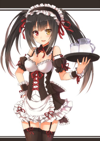 Anime picture 800x1131 with date a live tokisaki kurumi terras single long hair tall image looking at viewer blush open mouth black hair twintails maid heterochromia girl thighhighs black thighhighs frills headdress maid headdress