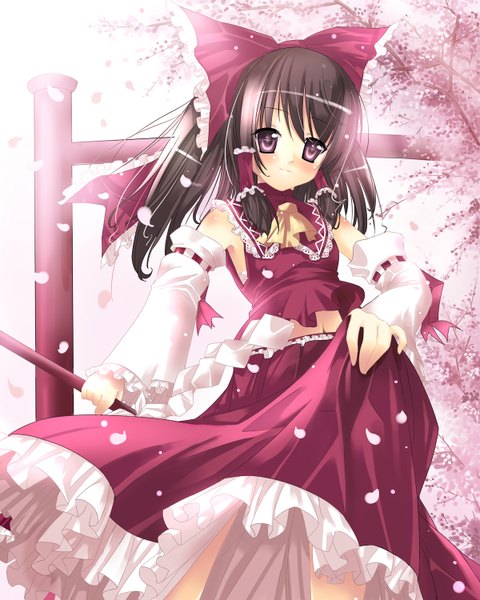 Anime picture 1200x1500 with touhou hakurei reimu spirtie long hair tall image black hair brown eyes cherry blossoms miko girl skirt bow hair bow detached sleeves petals skirt set branch torii