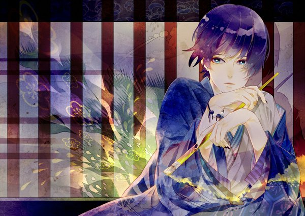 Anime picture 1062x752 with original sanrindou single short hair blue eyes purple hair japanese clothes striped striped background boy bracelet