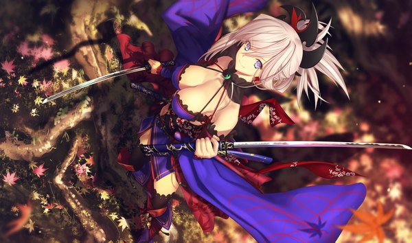 Anime picture 1387x819 with fate (series) fate/grand order miyamoto musashi (fate) kawanakajima single looking at viewer fringe short hair breasts light erotic smile hair between eyes wide image large breasts standing purple eyes holding pink hair ponytail traditional clothes