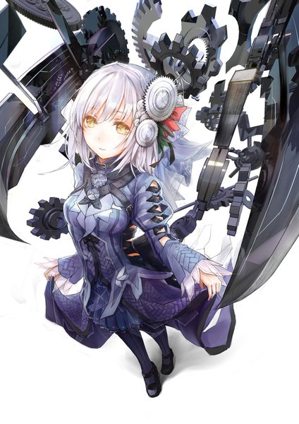 Anime picture 1059x1500 with clockwork planet ryuzu (clockwork planet) yomena single tall image looking at viewer short hair simple background standing white background holding yellow eyes silver hair full body pleated skirt from above puffy sleeves mechanical mechanical wings girl