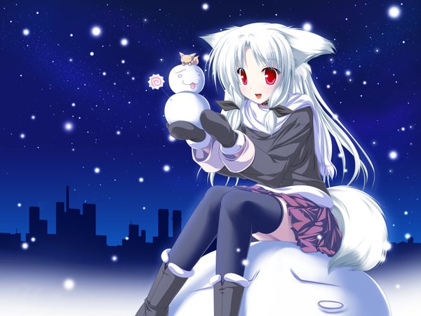 Anime picture 1600x1200 with inakoi tenmaso single long hair blush open mouth red eyes sitting animal ears white hair animal tail night snow girl thighhighs skirt black thighhighs scarf mittens snowman