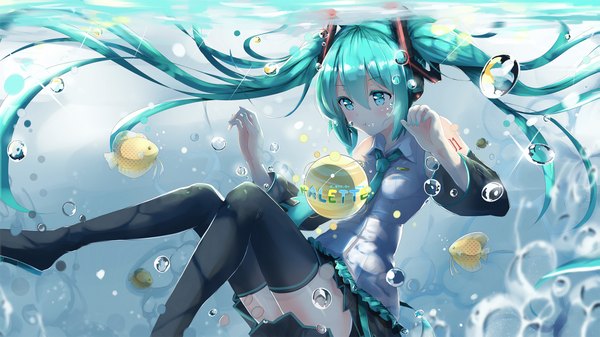 Anime picture 2039x1147 with vocaloid hatsune miku asahi kuroi single blush fringe highres wide image twintails bare shoulders signed looking away very long hair long sleeves nail polish pleated skirt aqua eyes aqua hair wide sleeves tattoo