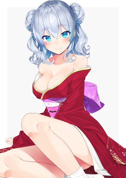 Anime picture 1132x1600 with kantai collection kashima training cruiser nezumidoshi single tall image looking at viewer blush short hair breasts blue eyes light erotic smile large breasts sitting bare shoulders blue hair bent knee (knees) traditional clothes japanese clothes no bra