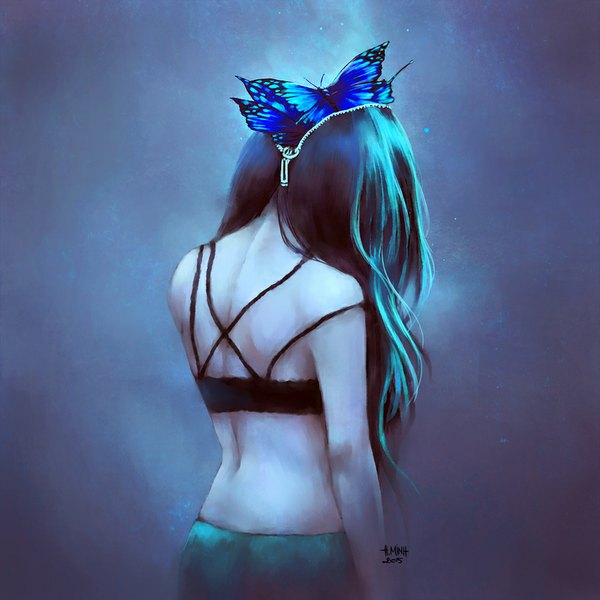 Anime picture 900x900 with original nanfe single long hair black hair simple background bare shoulders signed realistic dated blue background bare back 2015 girl insect butterfly