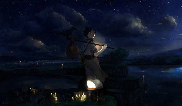 Anime picture 1226x719 with original digi-m blue eyes black hair wide image signed sky cloud (clouds) looking back night night sky girl water star (stars) crystal
